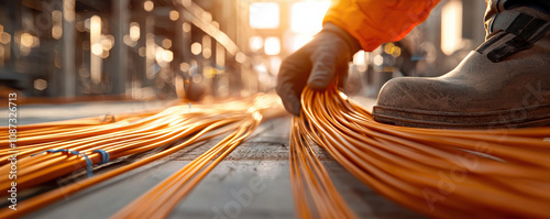 AR overlay of electric wiring on a building site, An industrial worker handling orange electrical cables in a construction site, showcasing the intricacies of modern infrastructure.