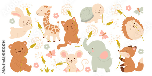 Cute happy animals characters holding fluffy dandelions flower playing outdoors natural set