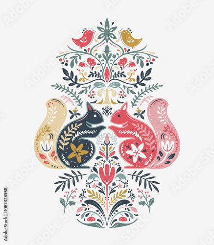 Vector Christmas composition with hand drawn holiday elements, snowflakes. Scandinavian folk ornament.