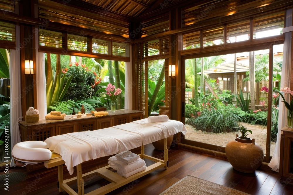 Fototapeta premium Spa Room Creates Tranquil Ambiance with Natural Light and Lush Garden Views