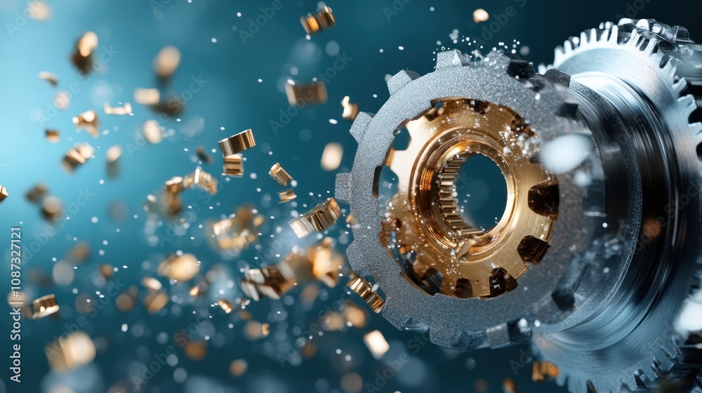 A golden gear surrounded by dynamic shards and fragments, symbolizing achievements, strong ambitions, and uncompromising efficiency, standing as a hallmark of success. A golden gear surrounded by dynamic shards and fragments, symbolizing achievements, strong ambitions, and uncompromising efficiency, standing as a hallmark of success.