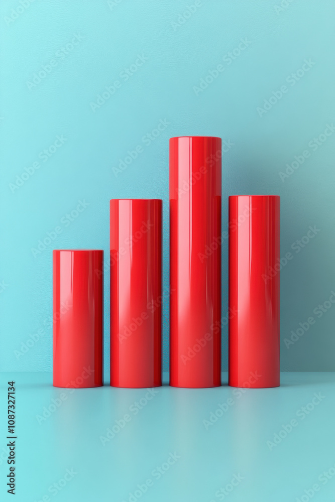 A vibrant set of red cylindrical shapes in increasing height, showcasing modern design trends against a serene blue background. A vibrant set of red cylindrical shapes in increasing height, showcasing modern design trends against a serene blue background.