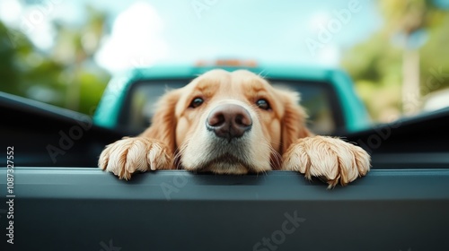 A golden retriever rests its head on the edge of a car window, exuding warmth and tranquility. The gentle lighting adds to the peaceful mood of the scene. photo