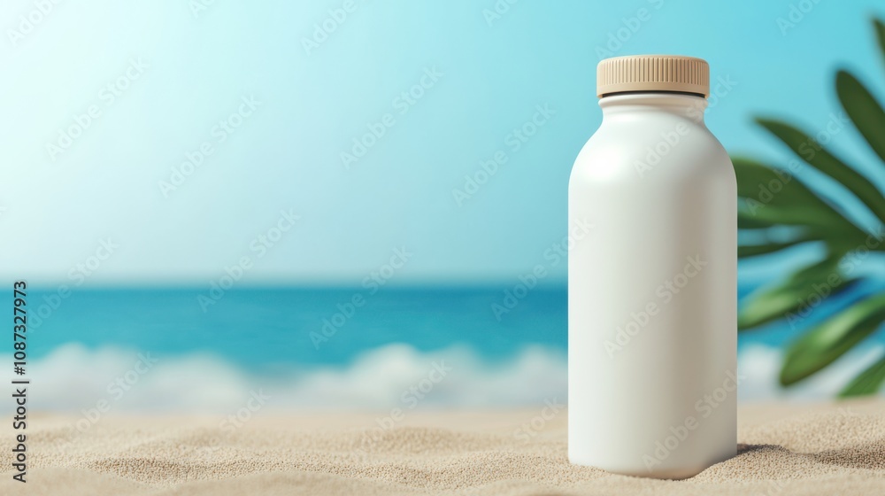 A minimalist white bottle sits on sandy beach, with a vibrant ocean backdrop and lush green leaves, evoking a refreshing summer vibe. A minimalist white bottle sits on sandy beach, with a vibrant ocean backdrop and lush green leaves, evoking a refreshing summer vibe.