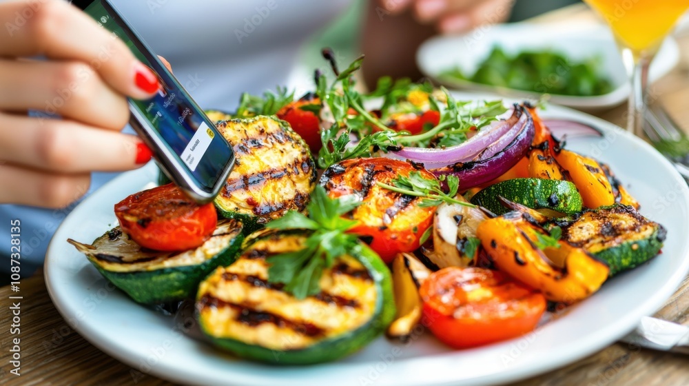 Woman Taking Photo of Grilled Vegetables on a Plate Woman Taking Photo of Grilled Vegetables on a Plate