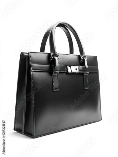 A sleek black handbag with structured design and handles, ideal for business or casual use.