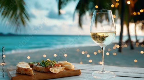 A wine glass filled with white wine stands near an array of appetizers on a wooden board, set against a stunning ocean sunset with twinkling bokeh lights and palm leaves. photo