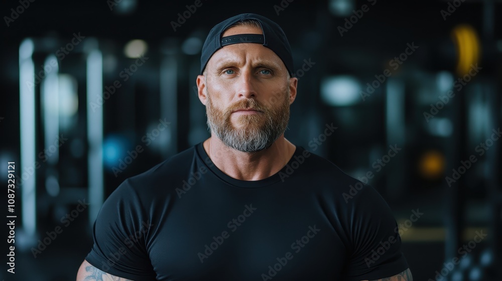 An intense and rugged bearded man with a black hat stands in a modern fitness center, exemplifying strength, discipline, and the pursuit of personal fitness goals.