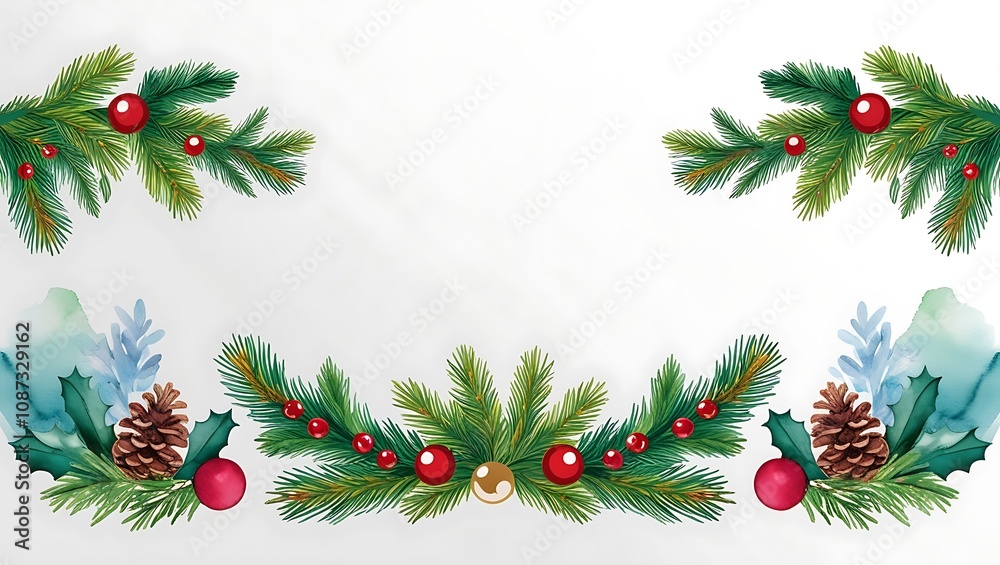 Christmas background with Fir Trees, Berries & Watercolor Accents Christmas background with Fir Trees, Berries & Watercolor Accents