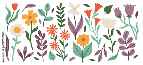 Garden flowers bloom, wildflowers, plant and grass stem with leaves abstract isolated floral set
