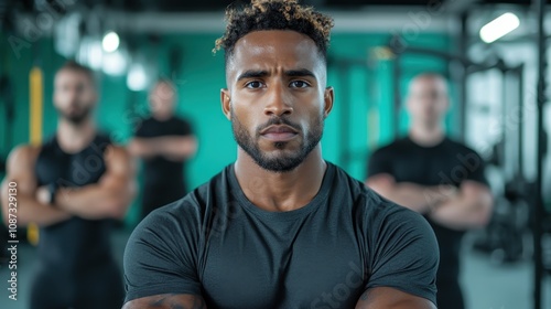 A focused man stands confidently in the foreground of a gym, showcasing strength and determination, while others are blurred in the background, symbolizing focus among chaos.