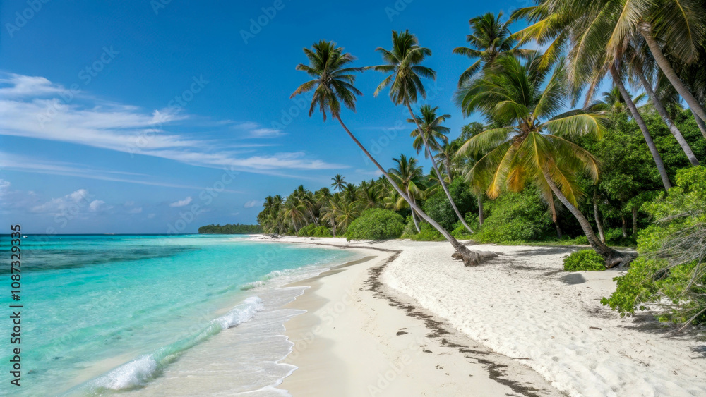 A tropical beach with palm trees, pristine white sand and crystal clear blue water A tropical beach with palm trees, pristine white sand and crystal clear blue water