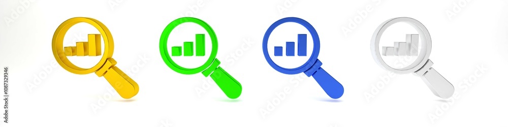 Colorful Magnifying glass and data analysis icon isolated on white background. Minimalism concept. 3D render illustration Colorful Magnifying glass and data analysis icon isolated on white background. Minimalism concept. 3D render illustration