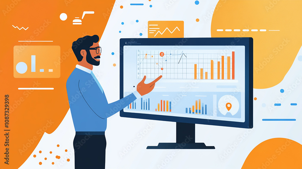 While working remotely, a professional presents a graph of key metrics in a video call with stakeholders. While working remotely, a professional presents a graph of key metrics in a video call with stakeholders.