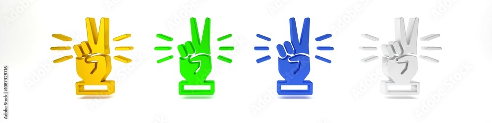 Fototapeta premium Colorful Hand showing two finger icon isolated on white background. Victory hand sign. Minimalism concept. 3D render illustration