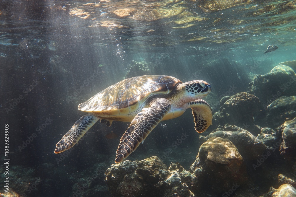 Graceful Sea Turtle Gliding Through Clear Water Graceful Sea Turtle Gliding Through Clear Water