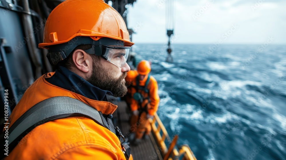 Workers clad in orange safety outfits stand resiliently on a marine platform facing the vast ocean waves, personifying strength, endurance, and perseverance. Workers clad in orange safety outfits stand resiliently on a marine platform facing the vast ocean waves, personifying strength, endurance, and perseverance.
