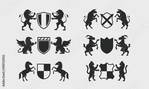 Heraldic, Crest, Coat of Arms templates. Heraldic logo template with standing animals. Lion, Griffin, Goat, Horse, Bull and Cat icons. Vector illustration