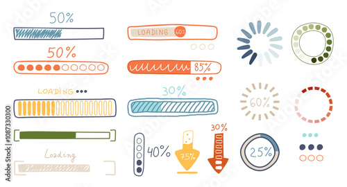 Hand drawn loading bar, arrows and round progress Indicators colorful doodle sketch design set