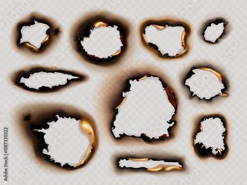 Paper burnt holes. Burned papers realistic effect, burn broke parchment texture scorched page edge frame with fire ash, burning damage torn vintage sheet exact vector illustration