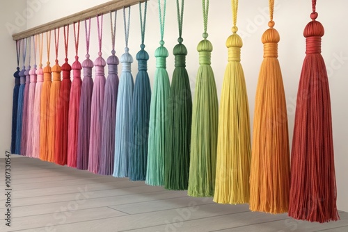 Wallpaper Mural Colorful decorative tassels hanging on a wooden rod in a modern interior setting with soft lighting in a cozy atmosphere Torontodigital.ca