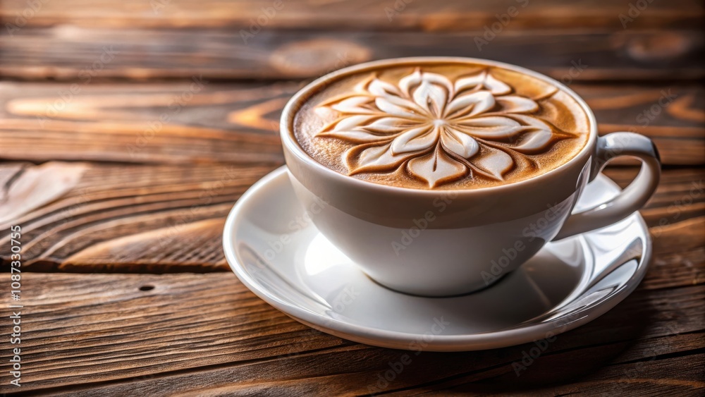 A cup of steaming cappuccino with delicate latte art, a flower design crafted on the creamy surface, rests on a rustic wooden table, inviting a moment of calm and indulgence. A cup of steaming cappuccino with delicate latte art, a flower design crafted on the creamy surface, rests on a rustic wooden table, inviting a moment of calm and indulgence.