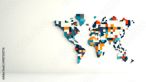 A colorful, abstract world map art piece made of pixels on a white wall, blending modern design with a global theme.
