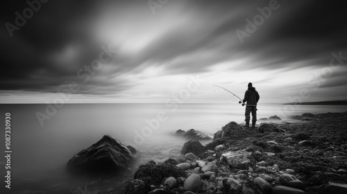 Black-and-white photo of a lonely fisherman on a rocky beach.  photo