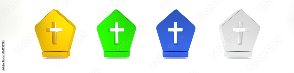 Obraz premium Colorful Pope hat icon isolated on white background. Christian hat sign. Minimalism concept. 3D render illustration