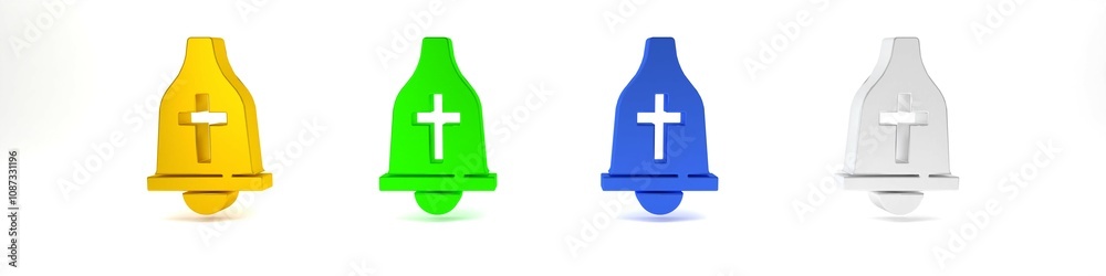 Obraz premium Colorful Church bell icon isolated on white background. Alarm symbol, service bell, handbell sign, notification symbol. Minimalism concept. 3D render illustration