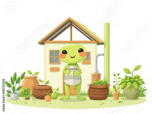 cartoon illustration of a green turtle standing in front of a house. photo