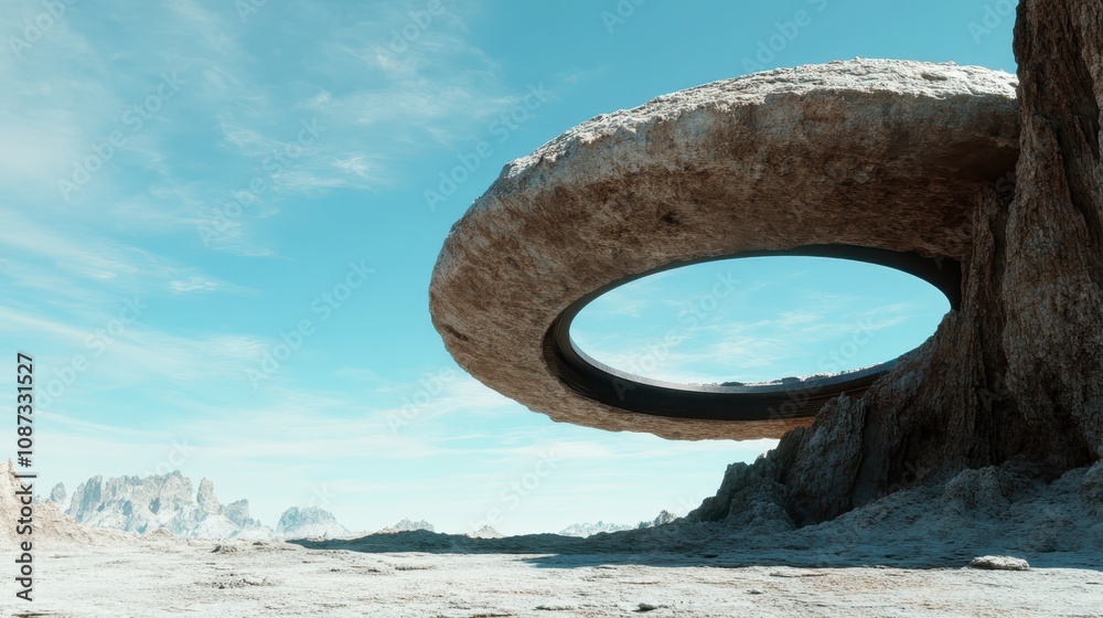 Fototapeta premium A massive ring-like rock structure stands prominently in an arid landscape, creating a futuristic aura beneath a bright blue sky, invoking a sense of mystery and wonder.