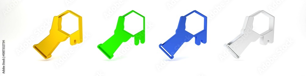 Colorful Honeycomb and hand icon isolated on white background. Honey cells symbol. Sweet natural food. Minimalism concept. 3D render illustration Colorful Honeycomb and hand icon isolated on white background. Honey cells symbol. Sweet natural food. Minimalism concept. 3D render illustration