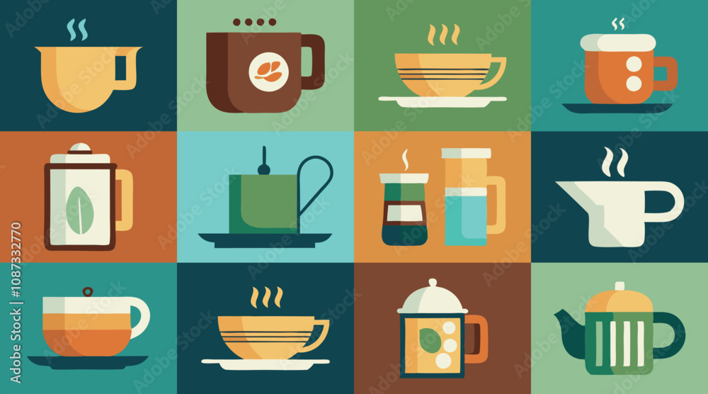 A set of colorful and flat icons representing various types of coffee and tea beverages, perfect for websites, apps, or social media graphics related to coffee shops, cafes, or tea houses. A set of colorful and flat icons representing various types of coffee and tea beverages, perfect for websites, apps, or social media graphics related to coffee shops, cafes, or tea houses.