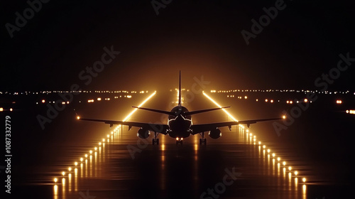 Low angle view of a passenger plane at night on a runway, illuminated by glowing runway lights extending symmetrically into the darkness  .