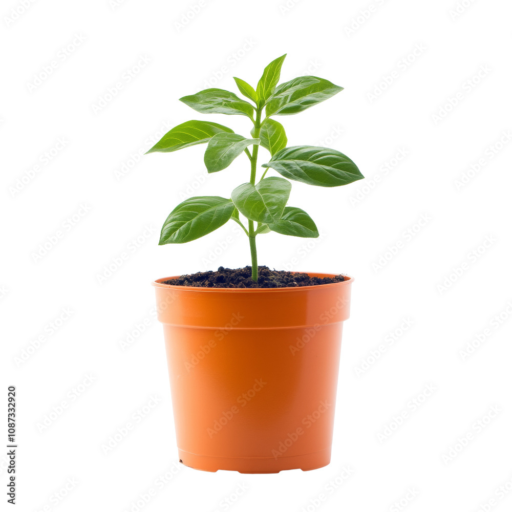 Fototapeta premium Small Green Plant in Bright Orange Pot on transparent Background