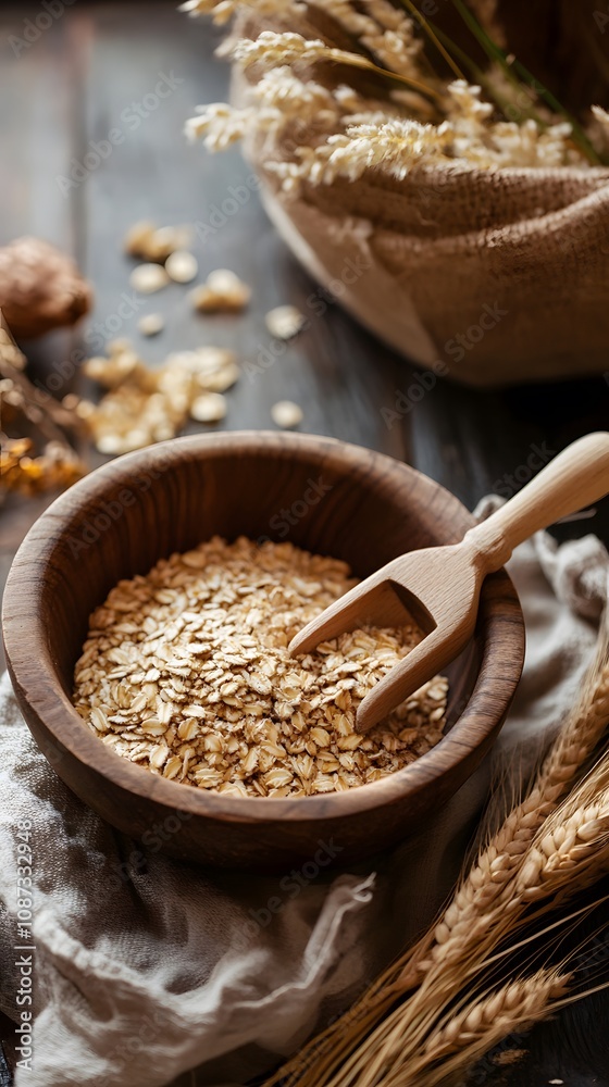 A rustic wooden bowl filled with oats surrounded by natural elements. A rustic wooden bowl filled with oats surrounded by natural elements.