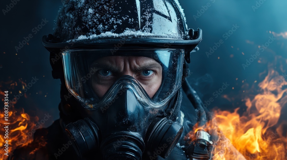 A determined firefighter wearing protective gear, including a helmet and mask, stands surrounded by flames and snow, symbolizing courage and resilience in adversity. A determined firefighter wearing protective gear, including a helmet and mask, stands surrounded by flames and snow, symbolizing courage and resilience in adversity.