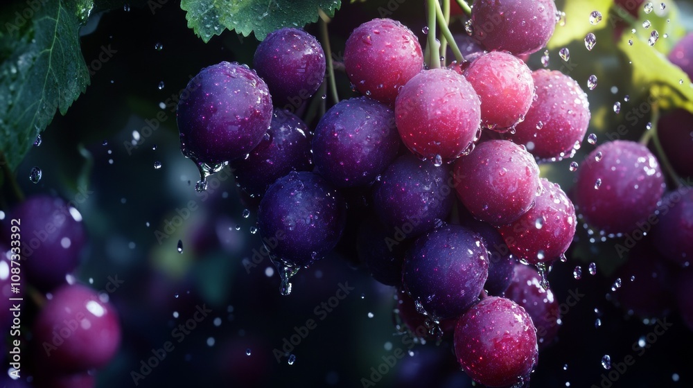 3D Fresh Purple Grapes with Water Droplets on Dark Background 3D Fresh Purple Grapes with Water Droplets on Dark Background
