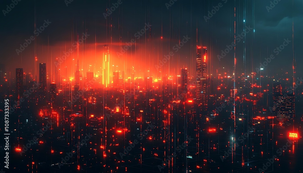 Fototapeta premium Currency exchange examples vibrant, futuristic cityscape illuminated by fiery red tones, showcasing towering buildings amidst a dark, moody atmosphere.