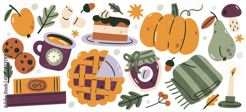 Autumn picnic food and snack, rest and hobby elements, romantic and cozy items hand drawn set