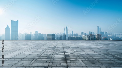 Empty square floor with city skyline background, City skyline with a futuristic utopian vision, utopian urban landscape embodying progress and harmony