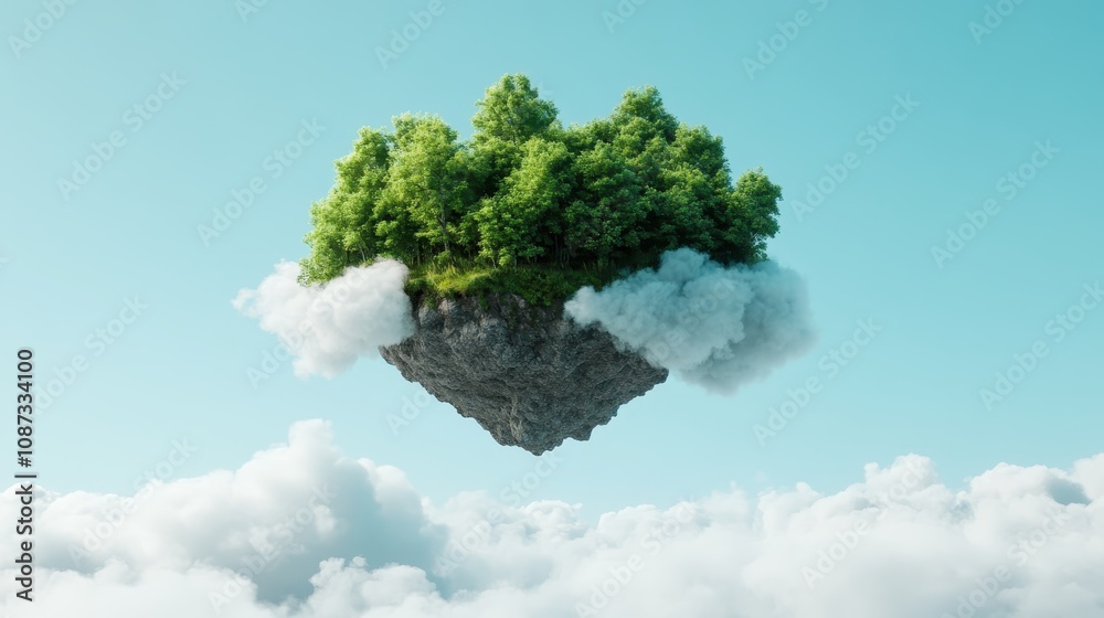 A lush, green floating forest island hovers majestically in the blue sky amidst fluffy clouds, invoking a sense of wonder and ethereal beauty in a dreamlike scene. A lush, green floating forest island hovers majestically in the blue sky amidst fluffy clouds, invoking a sense of wonder and ethereal beauty in a dreamlike scene.