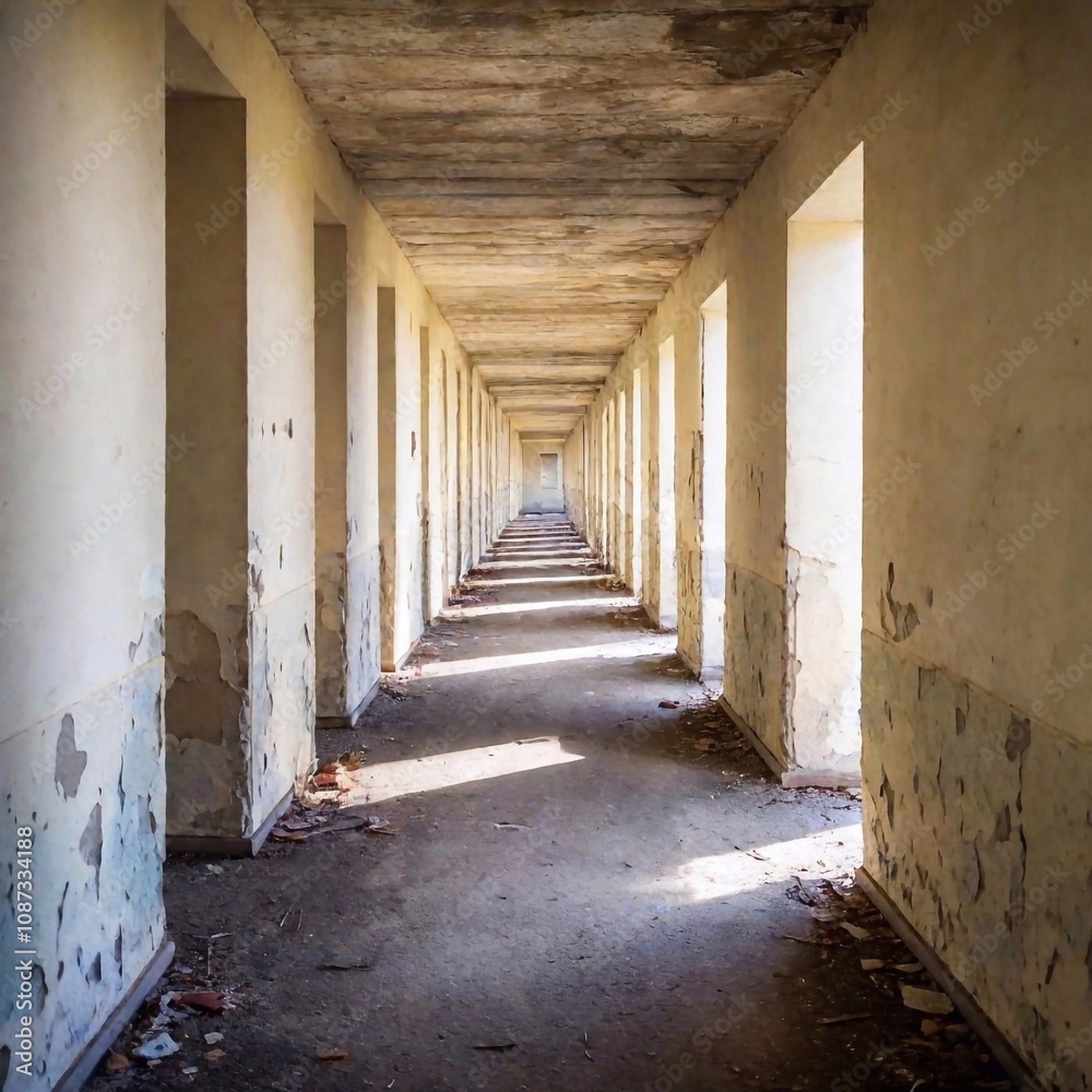 Obraz premium A full shot of a long, decaying hallway in an abandoned building. The soft focus blurs the far end, making the hallway seem as though it stretches on forever, adding a sense of despair and dread