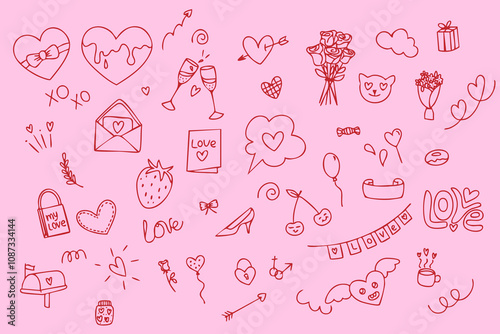Doodle hand drawings for valentine's day. Red hearts, design elements