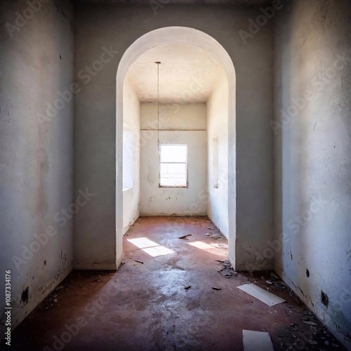 Derelict Apartments with Shadowy Interiors A full shot of a block of abandoned apartments, their interiors dark and foreboding. Deep focus sharpens the cracked walls and broken windows, hinting at unt photo