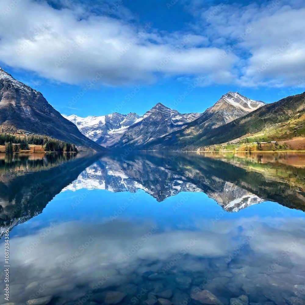 Naklejka premium reflection of the mountains and sky on the glassy water 