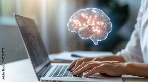 Creative Writer at Desk with Laptop and Holographic Brain