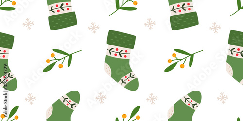 Green Christmas socks seamless pattern