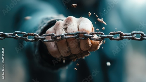 A dirt-streaked fist grips a chain tightly, with loose particles in the air, evoking themes of struggle, strength, and the relentless drive to overcome challenges. photo